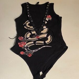 Windsor Black Lace-Up Top with Floral and Snake Design